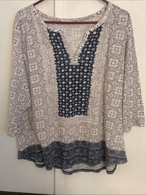 Lucky Brand Womens Top 2X Multicolor 3/4 Sleeve Geometric Boho V Neck Shirt